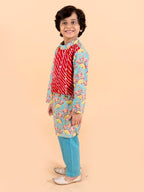 Pspeaches Kids-Boys Sea Green Printed Pleated Pure Cotton Kurta With Churidar