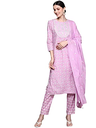 Ishin Women'S Pure Cotton A-Line Embroidered Mirror Work Geometric Print Purple Kurta Suit Set With Trouser Inwsd0199_Pl_Xxl_Pur