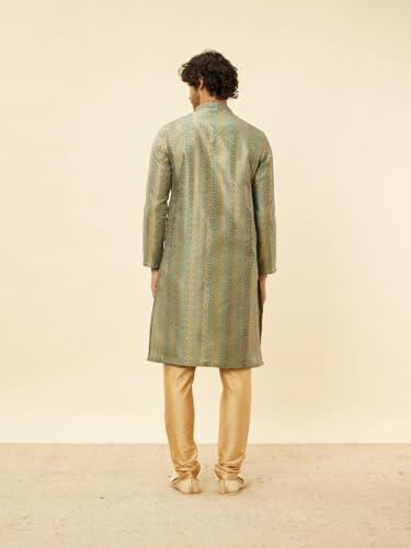 Manyavar Mens Blue Blended Cotton Self Design Kurta Pyjama Set