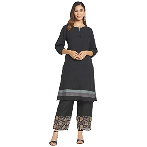 Fabindia Women Cotton Hand Woven Knee Length Kurta Black_M