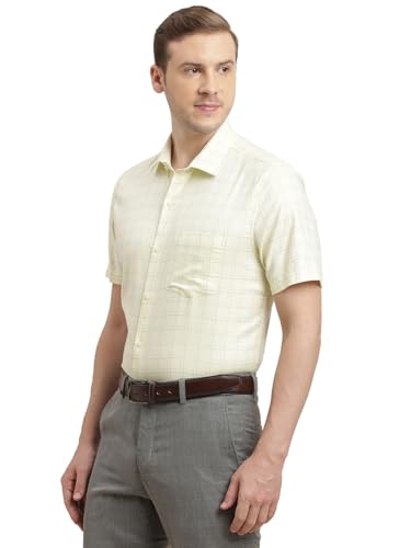 Turtle Men Giza Cotton Regular Fit Yellow Checkered Half Sleeve Formal Shirt