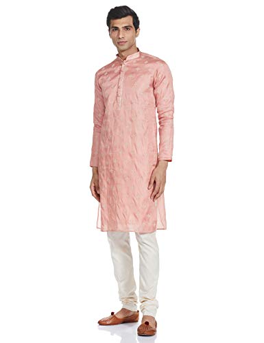 Manyavar Embroidered Design Knee Long Full Sleeves Kurta and Churidar Set For Men - (Pink, Large)