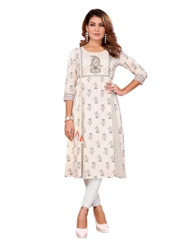 Rangita Off White Rayon Flared Embellished Calf Length Kurti | Kurta For Women_M