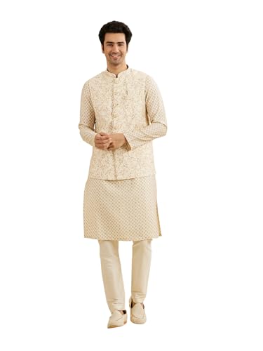 Manyavar MenS Viscose Blend Digital Print Kurta Jacket Set (Beige,Xl)