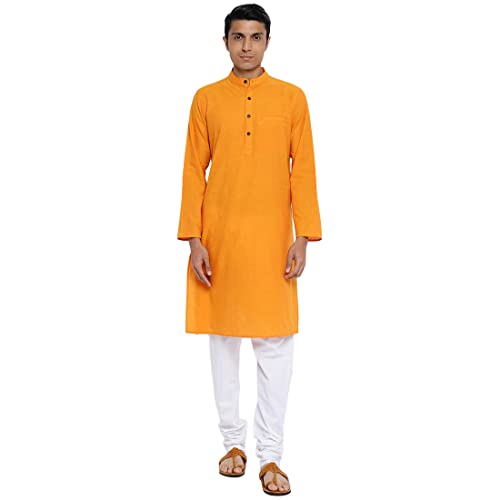 Fabindia Men Cotton Long Kurta Slim Fit Yellow_L