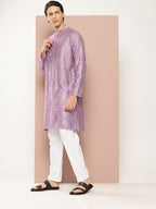 See Designs MenS Long Sleeve Side Slit Lavender Embroidered Thread Work Chanderi Silk Straight Mandarin Collar Kurta - Sdkt2877