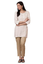 Aurelia WomenS Off-White And Beige Stripe Cotton Rayon Short Kurti And Pants Set (Size: S)-Onas30322-704120