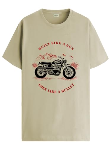 ADRO Mens Royal Bike Design Printed 100% Cotton T-Shirt - Regular Fit, Printed T-Shirts for Men (RN24-RYL-BE_Beige_2XL)
