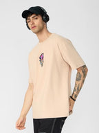 The Souled Store Bliss Men and Boys Short Sleeves Round Neck Beige Embellished Cotton Oversized T-Shirts