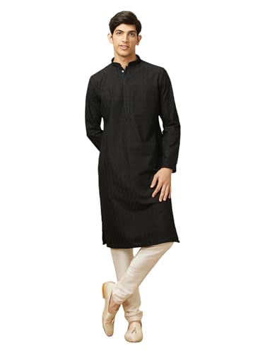 Manyavar Black Blended Cotton Self Design Kurtas For Men (Kurta Only)