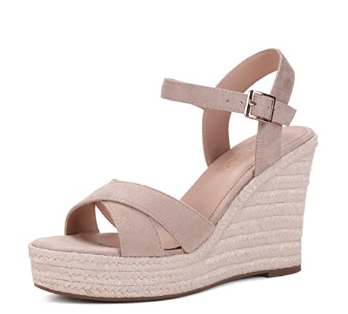 VICKI   VICKI Women's Summer Dress Sandals Platform Sandals Wedge Ankle Strap Open Toe Sandals High Heels Apricot Beige Size 6.5