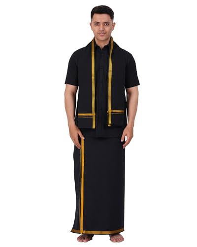 Prakasam Cotton Mens Single Jari Border (1.28X2.00 Mtrs) Black Dhoti + Readymade Half Sleeve Shirt + Balck Jari Border Matching 