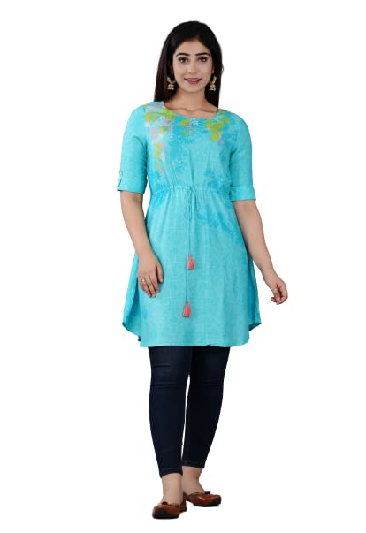 Digital Shopee Rayon Printed Regular Wear Short Kurti | Kurta For Women & Girls (Sky Blue_Xl)
