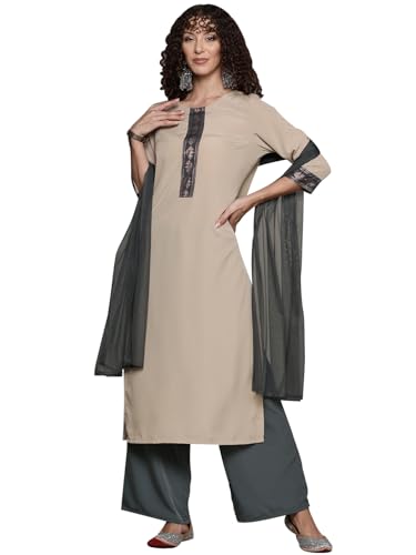 Ziyaa Women'S Beige Crepe Kurta, Palazzo And Dupatta Set (Ziskdcr4068-Xxl