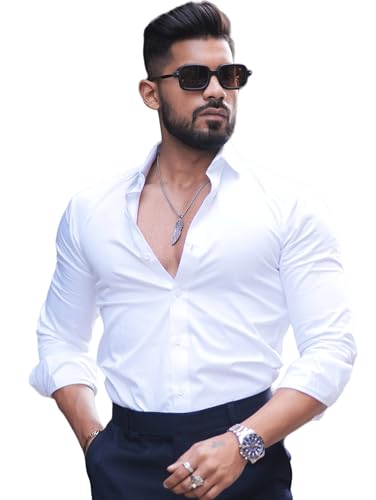 Indoprimo MenS Casual Solid Satin Shirt For Men Full Sleeves - Crystal (X-Large, White)