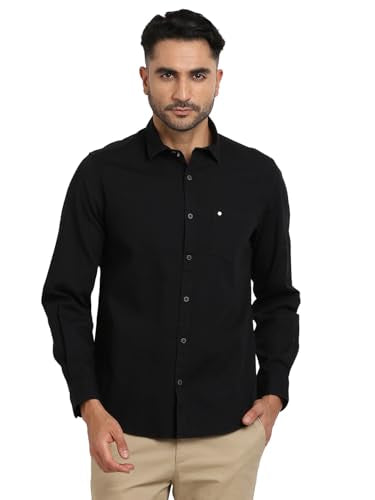 Turtle Men 100% Cotton Black Self Design Slim Fit Casual Shirt