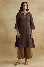 W For Woman Dark Brown Lustrous Satin Gota Kurta