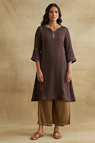 W For Woman Dark Brown Lustrous Satin Gota Kurta