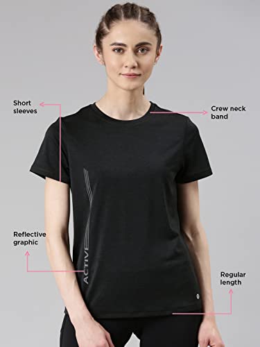 Enamor Polyester Womens Letter Print Relaxed Fit T-Shirt (A309_Black Melange-Active Reflective