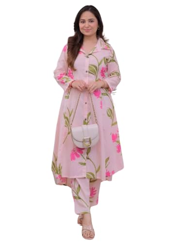 Leriya Fashion WOMEN PRINTED A-LINE CO-ORD KURTA SET FOR WOMEN (LF-W2092&TR1052-S-PINK)