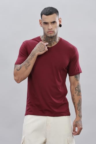 ADRO Mens V Neck Solid Cotton T-Shirt (VN-M-PLN-MR_Maroon_2XL)