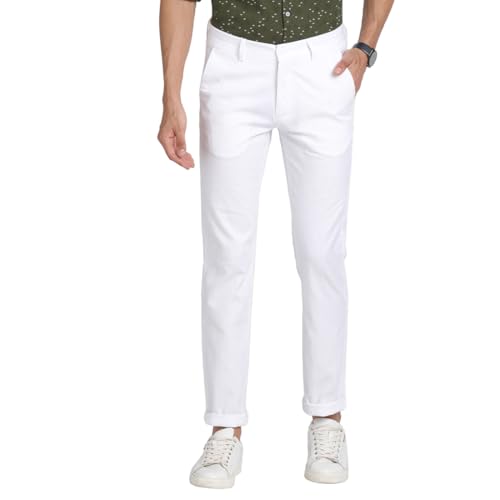 Turtle Men Ultra Slim Fit White Flat Front Solid Cotton Linen Casual Trouser