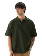 The Souled Store Solids: Dark Olive Green Men And Boys Short Sleeves Collared Neck Textured Cotton Blend Oversized Polos
