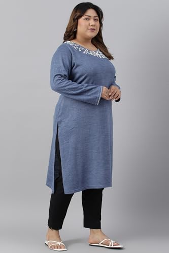 W For Woman Plus Size Blue Embroidered Asymmetrical Winter Kurta