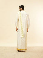 Manyavar Mens Cream Art Silk Solid Kurta Veshti Set