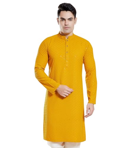 Divisive MenS Sequince Embroidered Cotton Blend Only Slim Fit Kurta (Dkrt135_Xxxl_Yellow)