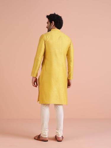 Kisah Men Light Yellow Embroidered Straight Kurta Full Sleaves, Knee Length, Straight, Regular Fit, Mandarin Collar Ethnic Wear