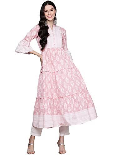Ishin Women'S Cotton Anarkali Embellished Sequins Floral Print Pink & White Kurti Inwka0146_Pn_L_Pink & White