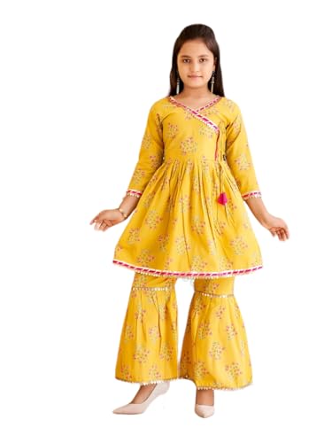 Aarika Girls Ethnic Wear Yellow Colour Floral Print With Sequin Lace Cotton Kurti Sharara Set (5-16 Years)