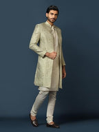 Kisah MenS Beige And Silver Indo-Western Kurta Sherwani Churidar Set Cotton Full Sleaves, Knee Length, Straight, Regular Fit, M