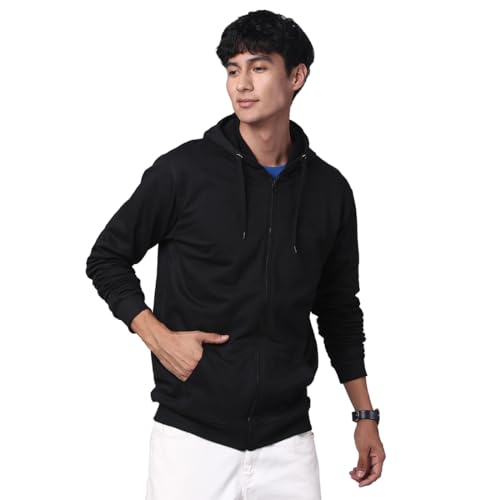 ADRO Mens Cotton Solid Zipper Hoodie Sweatshirts (ZH23-PLN-BL_Black_XL)