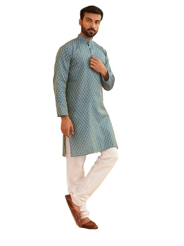 Sojanya (Since 1958 MenS Silk Blend Peacock Blue Self Design Kurta And White Churidar Pyjama Set