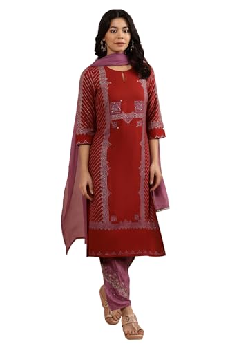 W Women Red Festive Geometric Print Viscose A-Line Kurta Set With Salwar & Dupatta_24Onws17958-119898_M