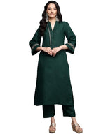 Varanga WomenS Green Mandarin Collar Thread Embroidered With Pleate Deatialing Kurta Paired With Bottom