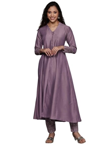 Varanga Women Mauve V Neck Mandarin Collar Kurta With Trouser - Stylish, Comfortable, And Perfect For Casual And Semi-Formal Occ