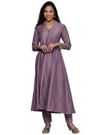 Varanga Women Mauve V Neck Mandarin Collar Kurta With Trouser - Stylish, Comfortable, And Perfect For Casual And Semi-Formal Occ