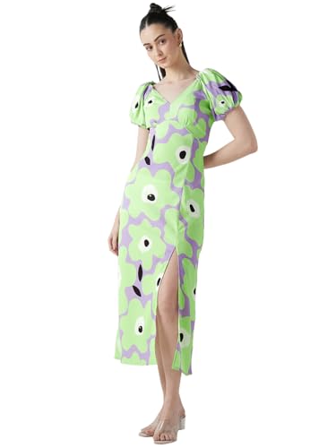 Bewakoof WomenS All Over Printed Oversized Fit Half Sleeve V-Neck Poly Blend Dress_635471_Green_L