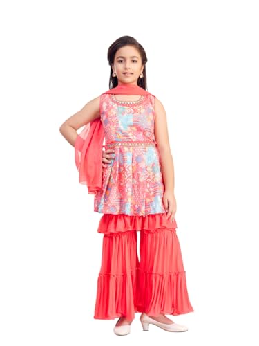 Aarika Girls Ethnic Wear Gajri Colour Floral Print/Hand Embriodery Georgette Kurti Sharara Set with Dupatta-(4-10 Years)-(SH-183