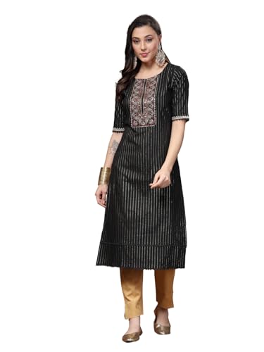 Stylum Women'S Woven Design & Embroidered Lurex Cotton Straight Kurta (Blackchao36_Black, S)