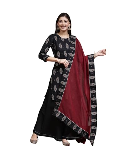 Sanisa Women'S Rayon Blend Printed & Foil Work Straight Kurta With Pant And Gota Lace Work Dupatta (113Kbd1235Nz-S_Black & Silve