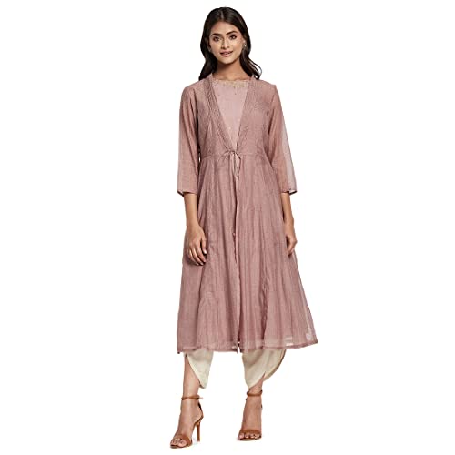 Fabindia Women Cotton Silk Embroidered Long Kurta Pink_Xl