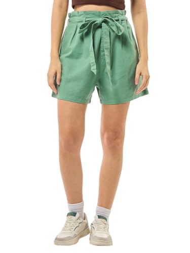 Bewakoof Womens Solid Oversized Fit Cotton Linen Shorts_628258_Green_30