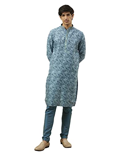 Manyavar Kurta Set For Men, Full Sleeves Mandarin Collar Ethnic Kurta & Payjama Set Art Silk Blended Viscose Set (Blue, L)