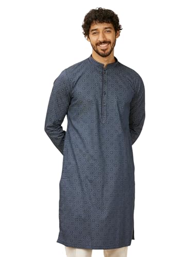 Manyavar MenS Dark Blue Harlequin Patterned Kurta (Xl)