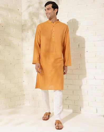 Fabindia MenS Cotton Striped Comfort Fit Kurta (1033055Mustard_Mustard