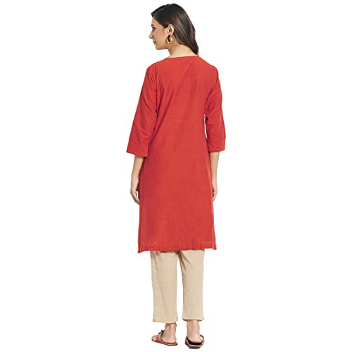 Fabindia Women Straight Style Edium Kurta Cotton_Red